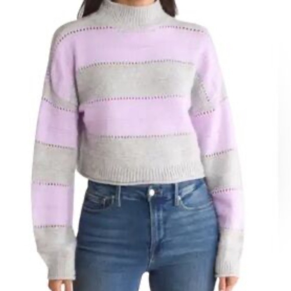 Cozy Cropped Sweater Lavender and Gray Stripes